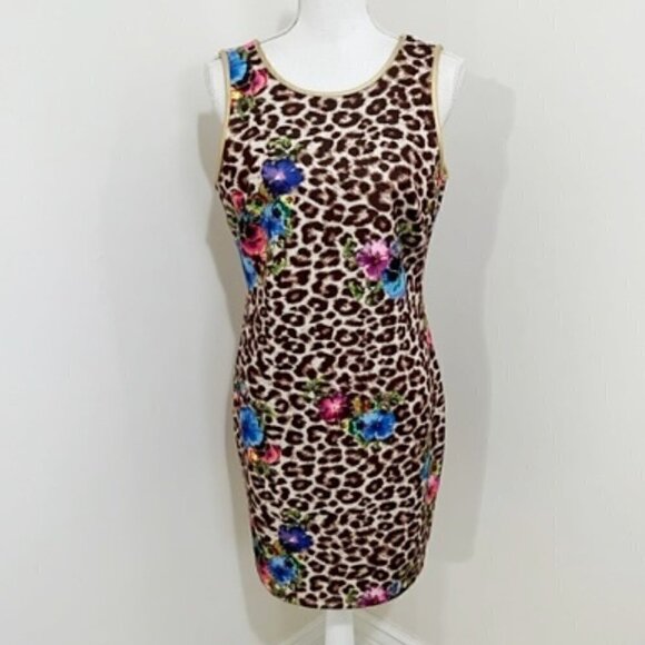 Thalia Sodi Floral & Leopard Print Scuba Dress Sleeveless Sheath - Picture 1 of 6